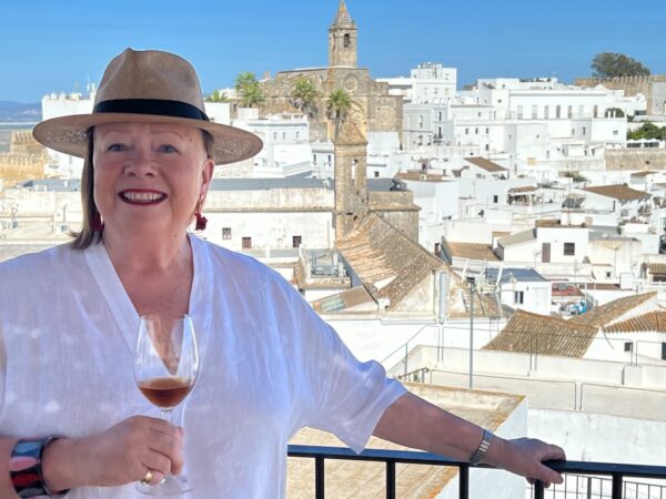 Annie B with a glass of Sherry in Vejer
